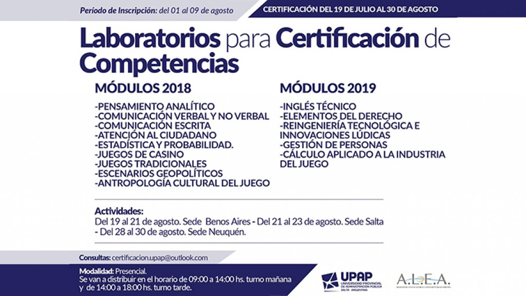 Tecnicatura ALEA- UPAP: encuentros presenciales y certificaciones en Salta, Buenos Aires y Neuquén 2019
