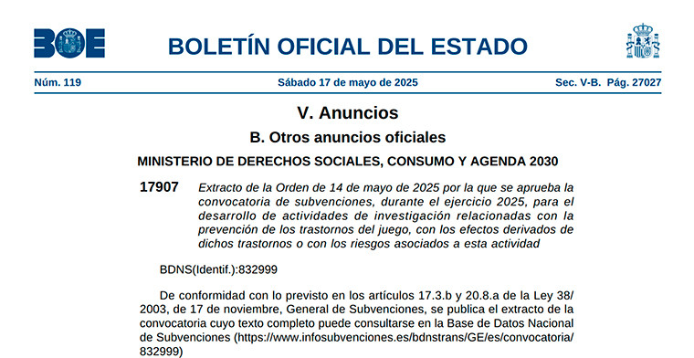 España: se publica la convocatoria de subvenciones para investigar los trastornos derivados de la actividad del juego en 2025