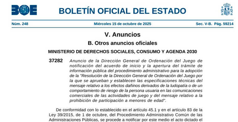 España: La DGOJ somete a información pública el proyecto sobre mensajes de advertencia en publicidad de juego